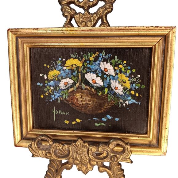 Miniature Oil Painting Daisy Flowers In Wicker Basket Signed Vivian Hollan Swain - Picture 5 of 9